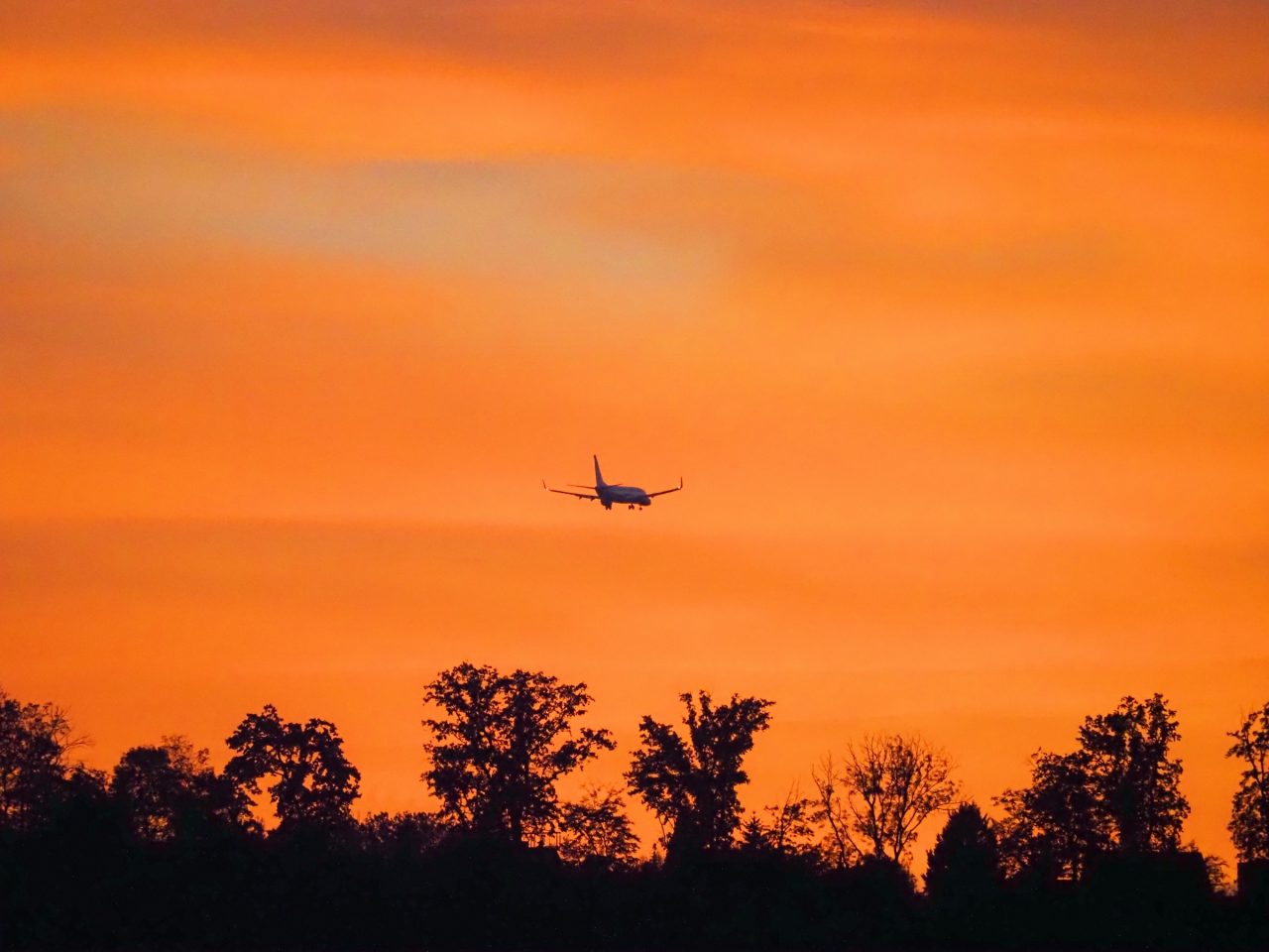A commercial airliner climbing into a dusk sky trailing a vapour stream, viewed from below.
